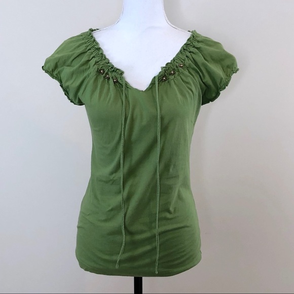 Molly Maxi Peasant Top Beaded Ruched Green Small - Picture 5 of 8